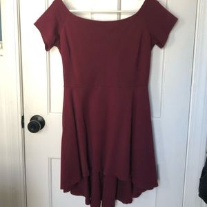 Burgundy Off-Shoulder Hi-Low Skater Dress